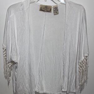 Life Style Women's Knotted Fringe String Open Front Beach White Cardigan Size PS